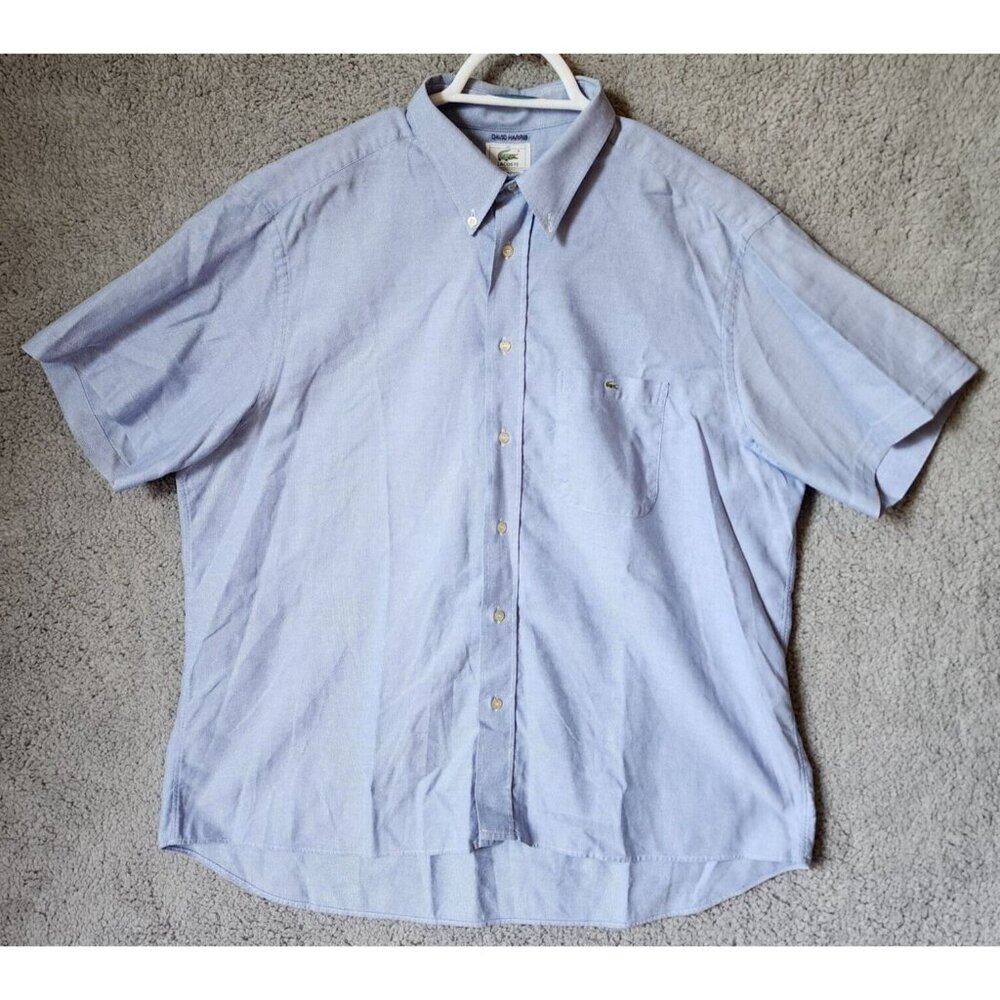 VTG Lacoste Blue Crocodile Logo Pocket Short Sleeve‎ Button Down Shirt Sz 46 2XL